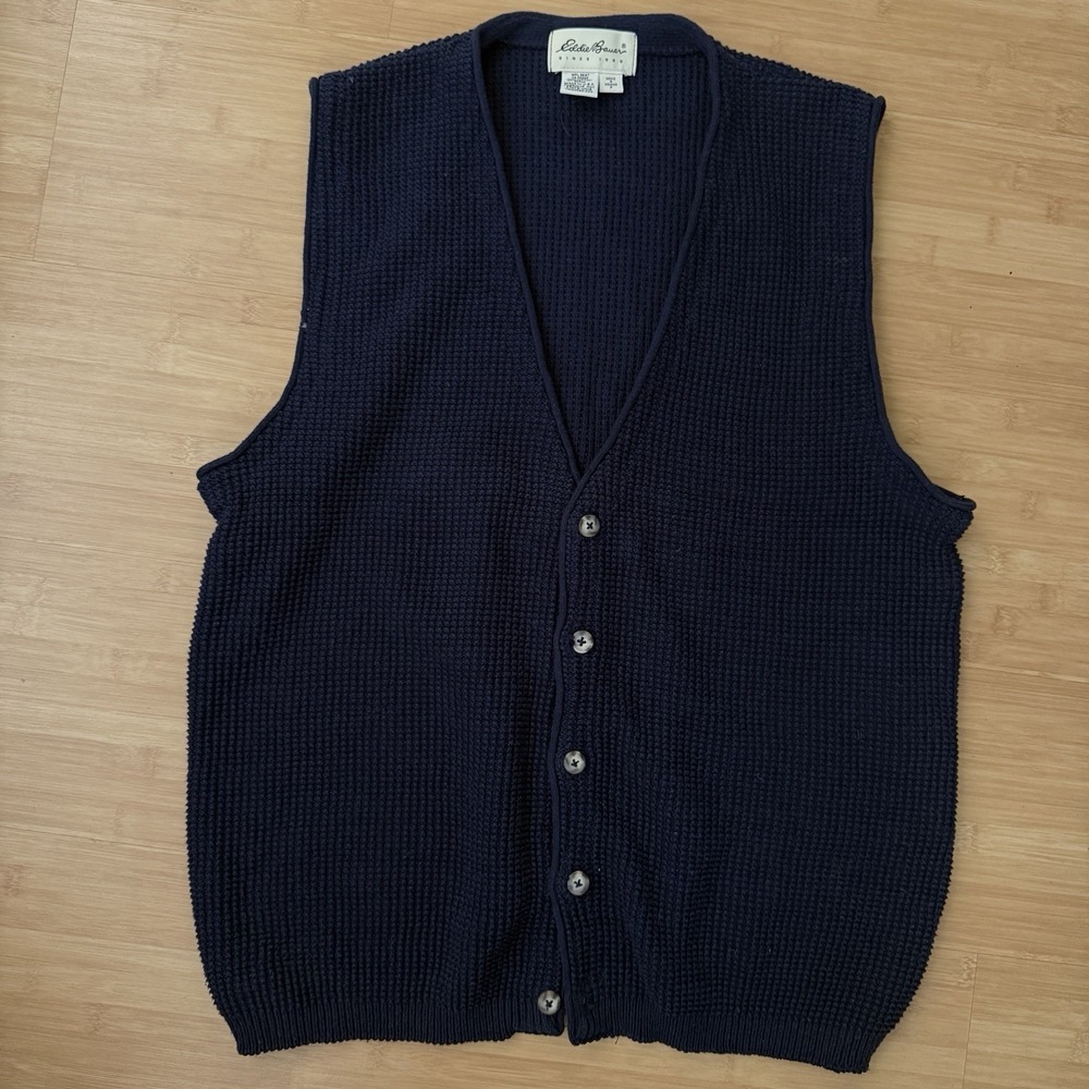 Eddie Bauer Vtg 90s Roll Collar Waffle Knit Sweater Vest Mens Sz Small Navy Blue
